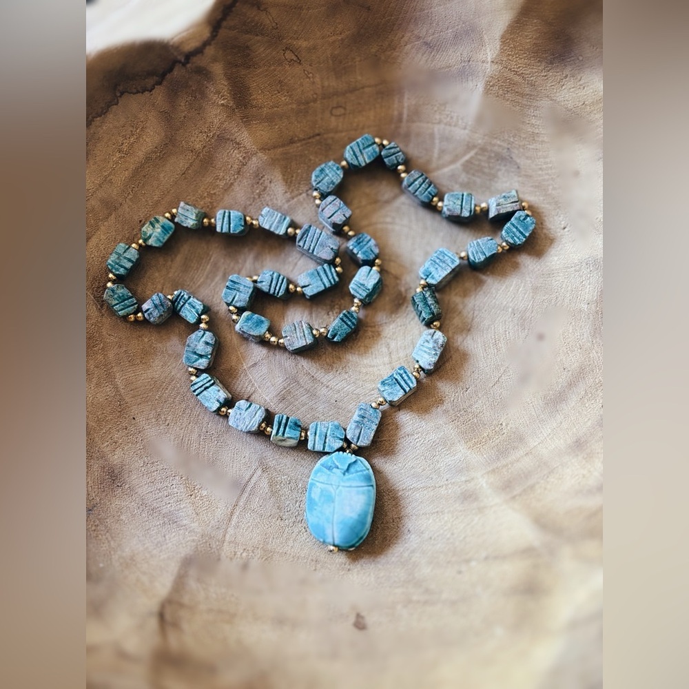 Vintage Soapstone & Chunky Egyptian Ceramic Scarab Necklace - Picture 8 of 14